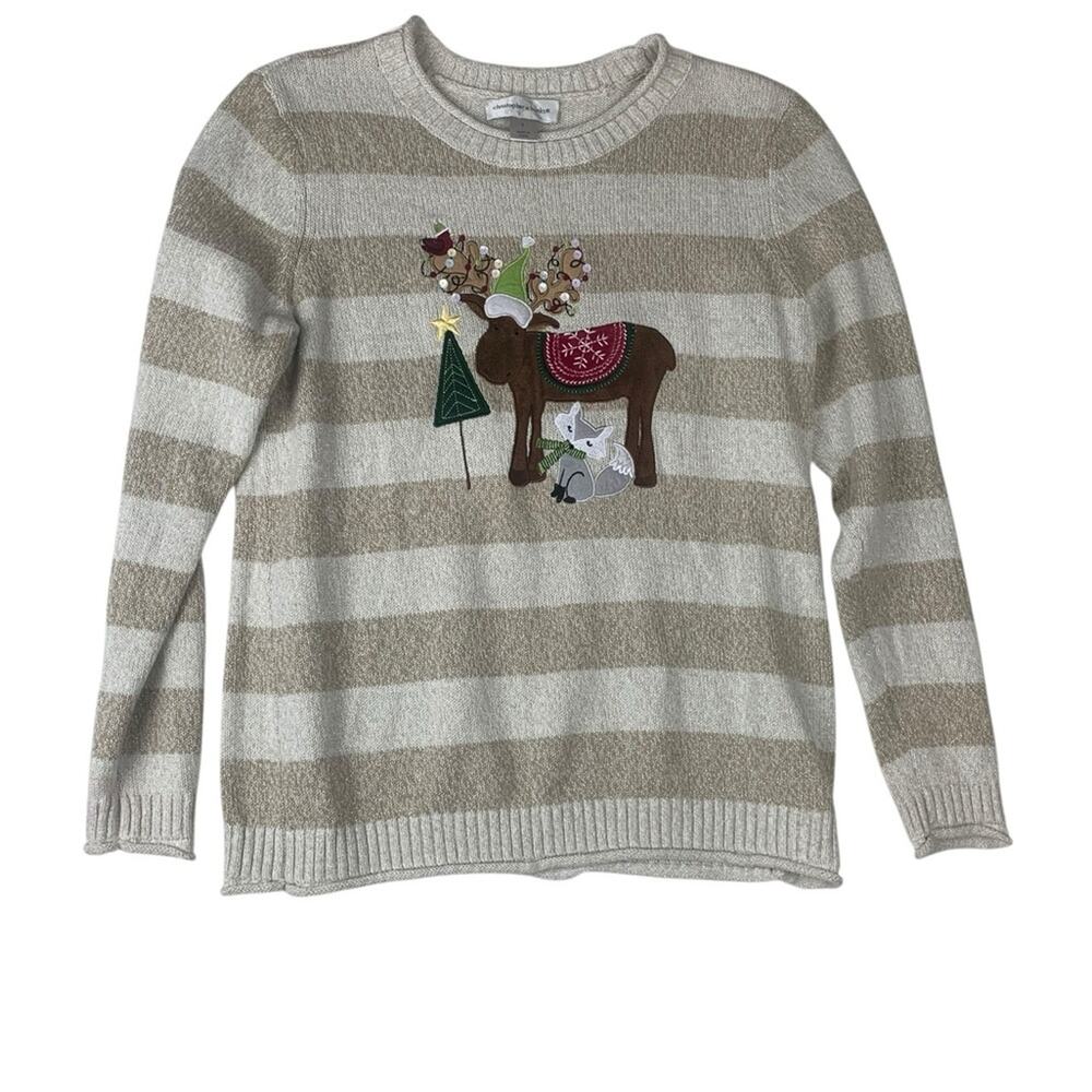 Christopher & Banks size small Christmas sweater cute stripe tan white granny